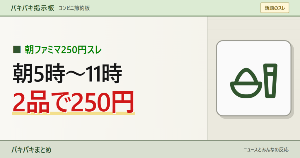【朗報】朝ファミマのコンビ割、対象2品で250円www「朝飯これでええやん」全117通りを大きなキーワードと線画で表現したサムネイル