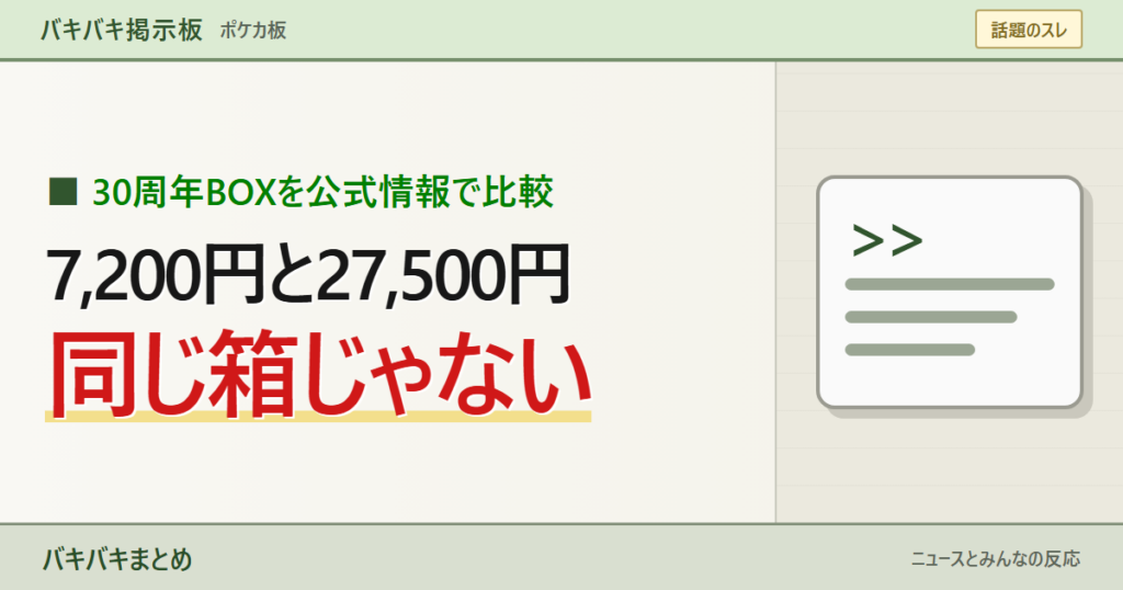 ポケカ30周年の7,200円BOXと27,500円BOXが別商品であることを大きな文字で示したサムネイル