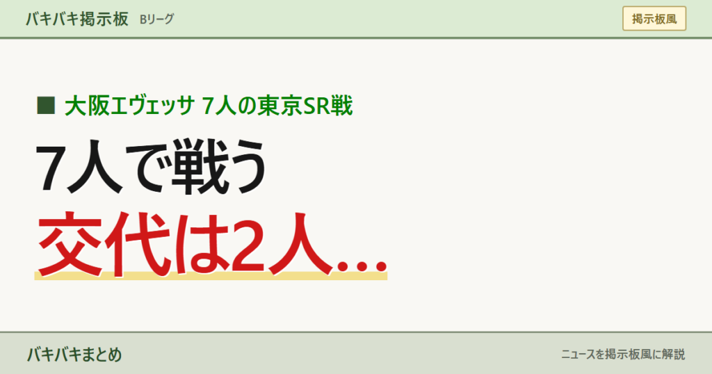大阪エヴェッサ 7人の東京SR戦／7人で戦う／交代は2人…