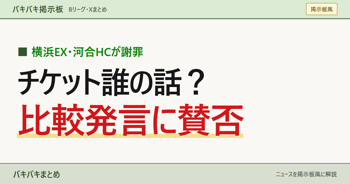 横浜EX・河合HCが謝罪 チケット誰の話？ 比較発言に賛否